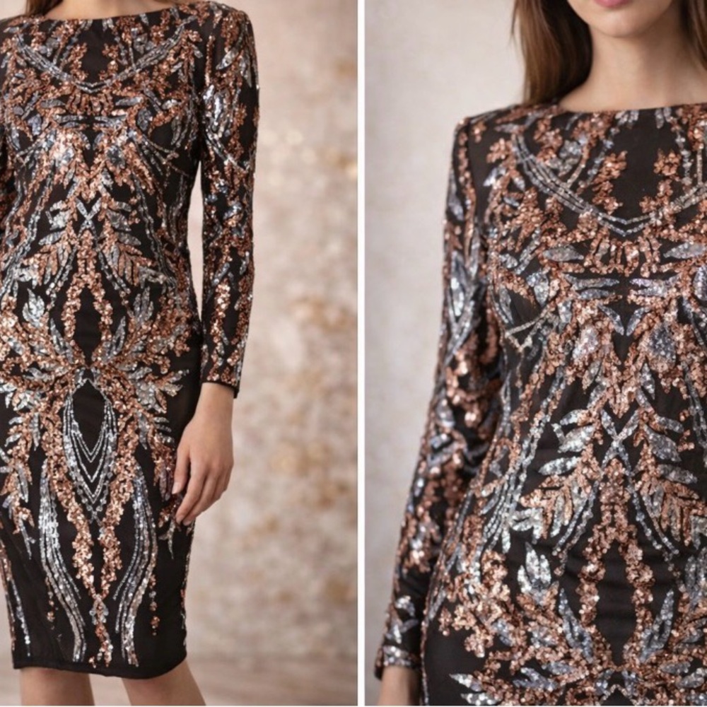 Dress the Population Black and Silver Sequin Midi Dress